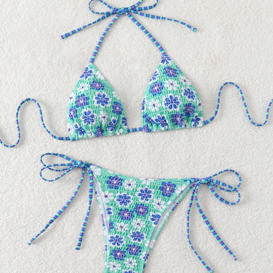 Damen Triangel-Bikini mit verspieltem Blumendesign und elastischen Trägern EB