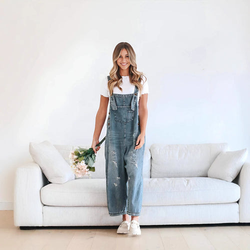 Damen nan lässige verwaschene Latzhose aus Jeansstoff mit Rissen und weitem Bein EB