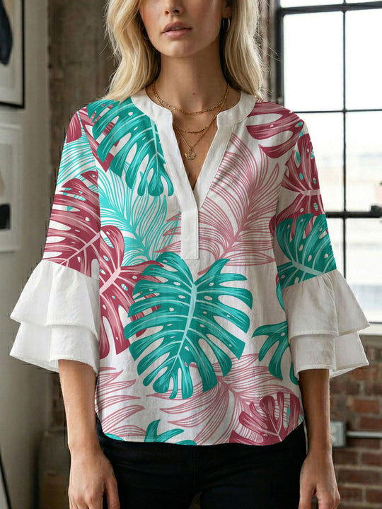 Damen Blusenshirt mit voluminösen Ärmeln und kreativem Druckdesign EB