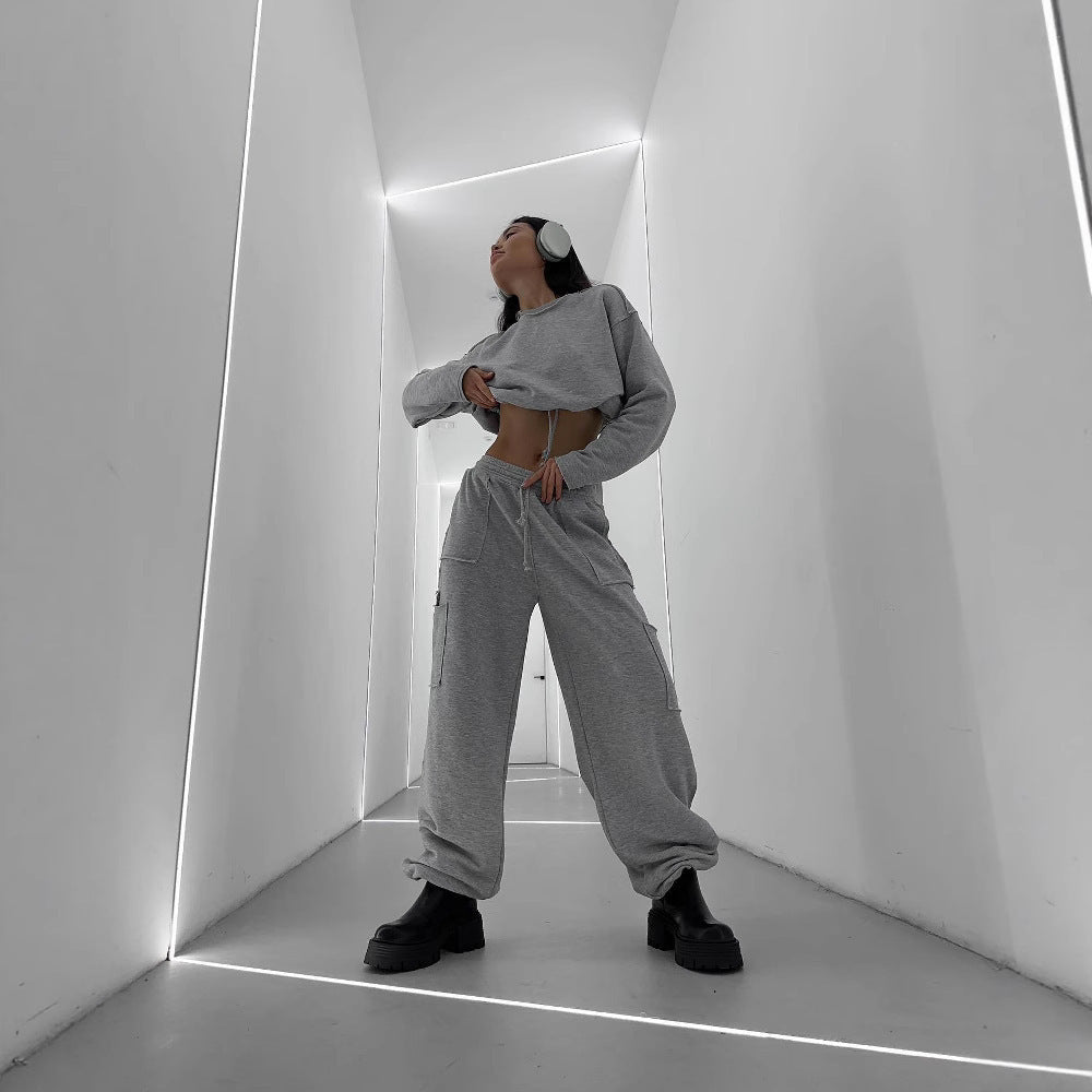 Damen Kurzes Tunnelzug-Sweatshirt mit geripptem Saum und lässiger High‑Waist‑Jogginghose EB
