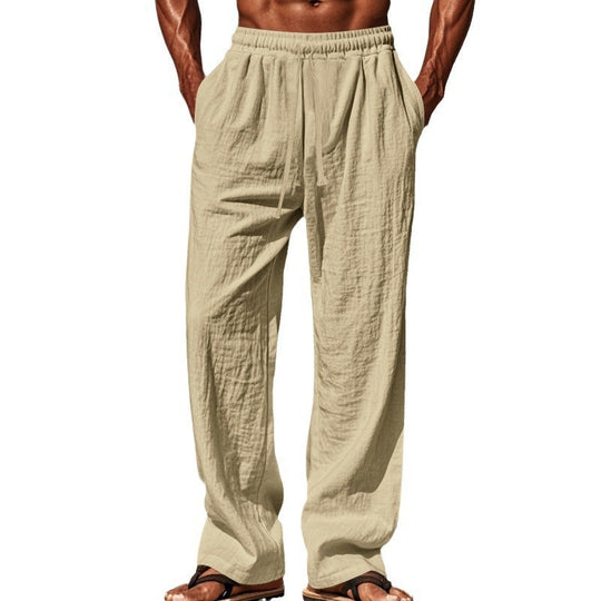 Herren nan weite Leinen-Loungehose mit elastischem Tunnelzugbund, Kordelzug und geradem Bein EB