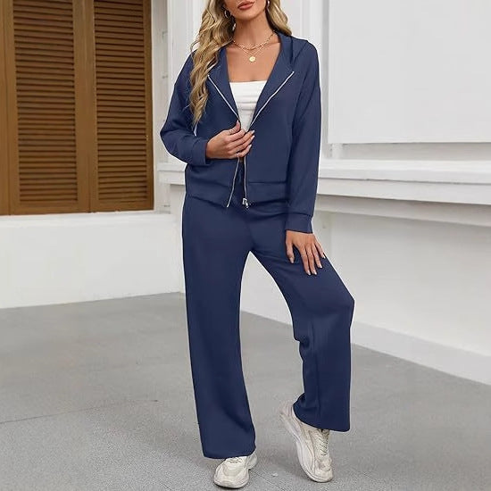 Damen nan Casual-Lounge-Set mit taillierter Zip-Kapuzenjacke, Kordelzug und weitem Palazzo-Jogger EB