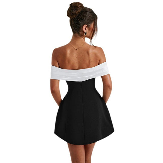 Damen schulterfreies Cocktailkleid mit elegantem Rüschenoberteil EB