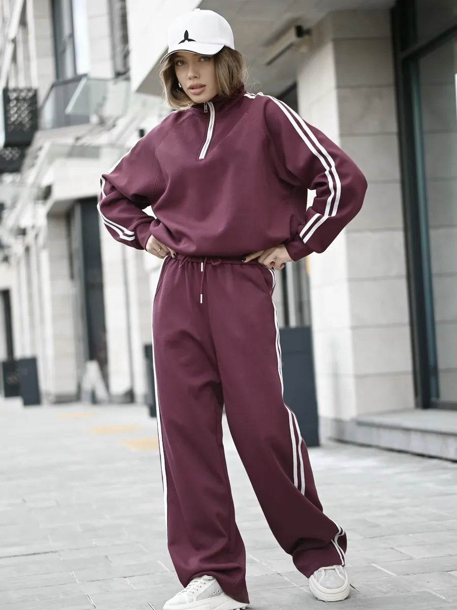 Damen Lässiges Sweat-Set mit Stehkragen, Ballonärmeln und Seitenstreifen EB