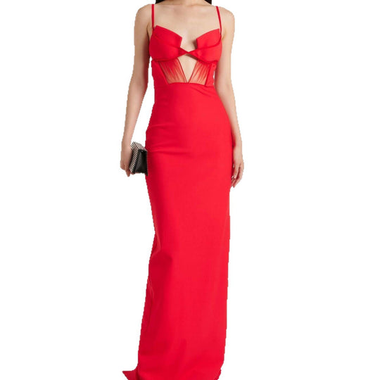 Damen Glamouröses Abendkleid mit tiefem V-Ausschnitt und verführerischen Netzdetails EB