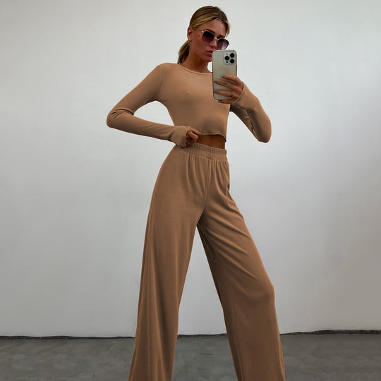 Damen nan eng anliegendes geripptes Cropped Longsleeve mit elastischer Highwaist-Loungehose Set EB
