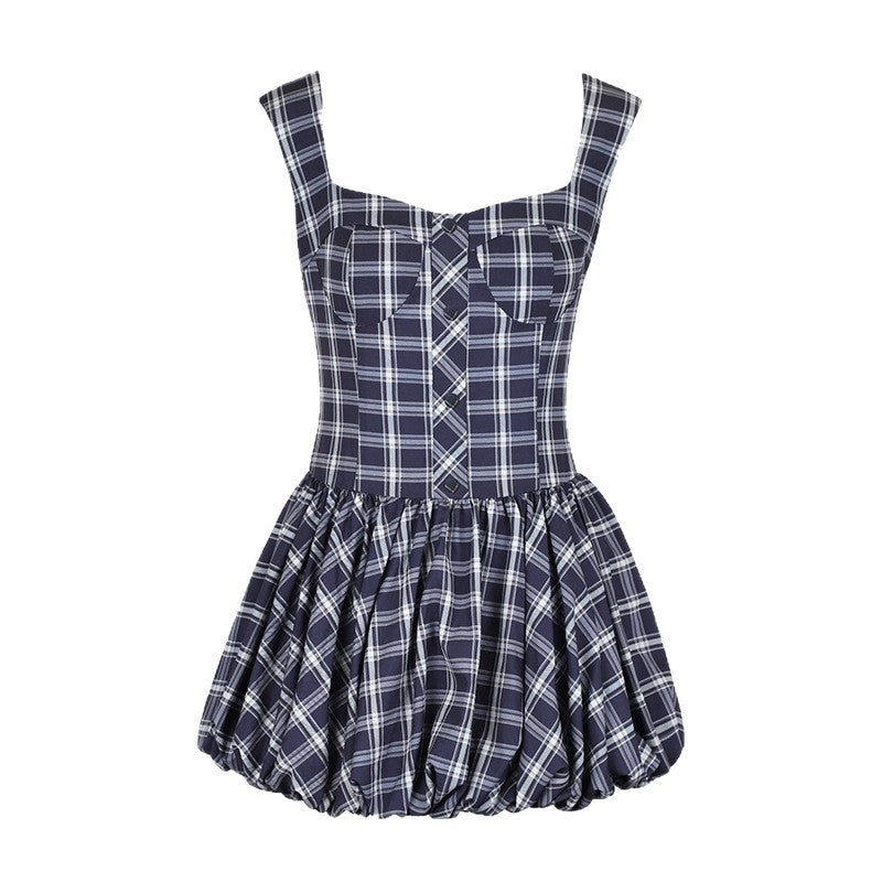 Damen Midikleid mit karierter A-Linien Silhouette und schulterfreien Trägern EB