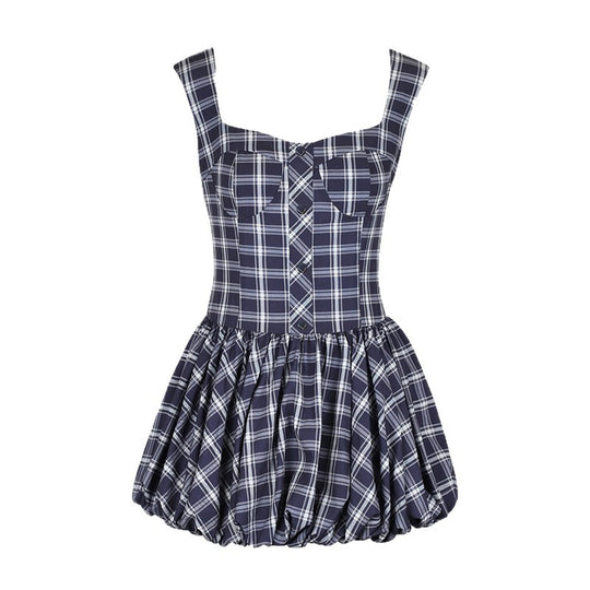Damen Midikleid mit karierter A-Linien Silhouette und schulterfreien Trägern EB