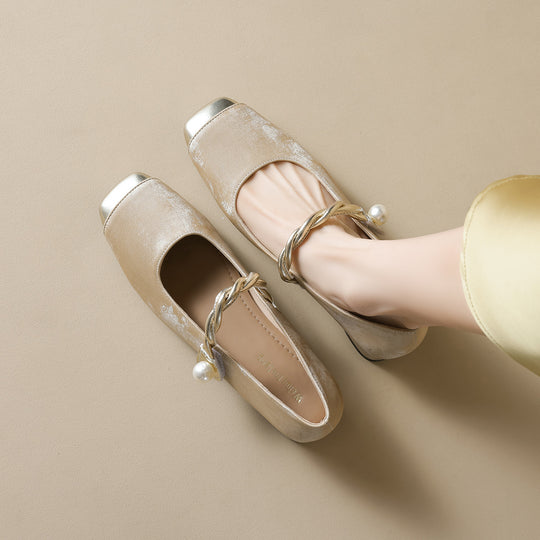 Damen elegante Ballerinas mit luxuriösem Perlenschmuck und modischem Riemendesign EB