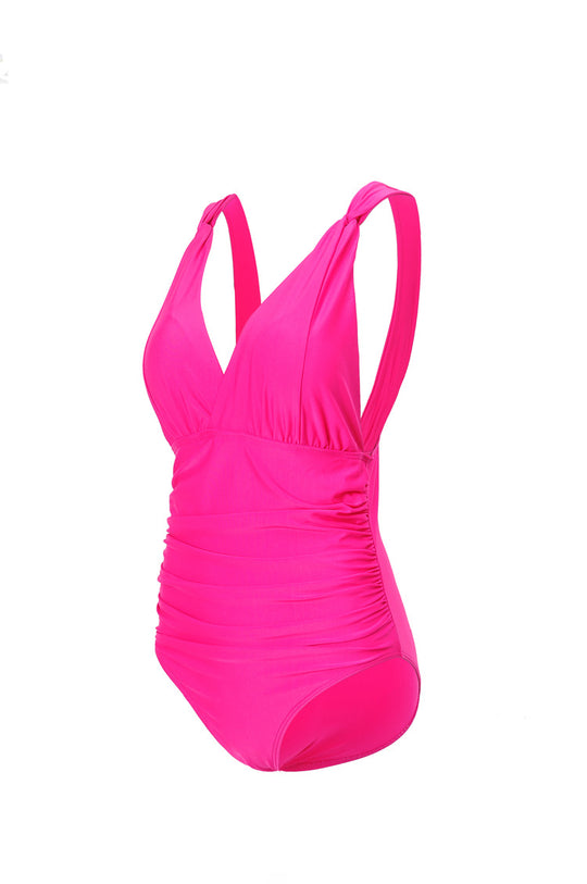 Damen Eleganter Einteiler Badeanzug mit Wickeloptik und Raffung EB