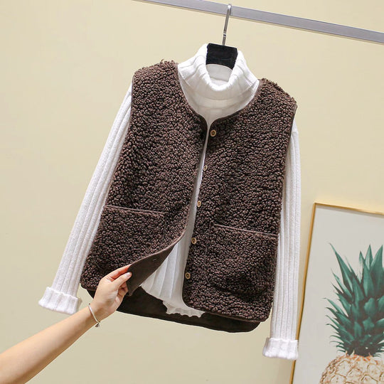 Damen Teddy-Fleece Weste mit Knopfleiste und Aufgesetzten Taschen EB