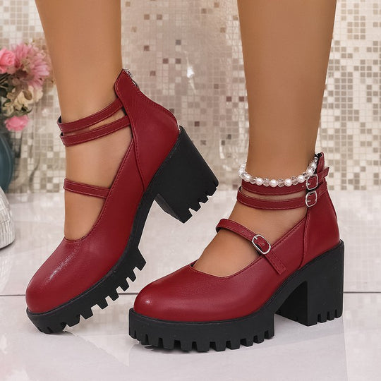 Damen Blockabsatz-Schnürschuhe mit modischem Riemendesign und rutschfester Sohle EB