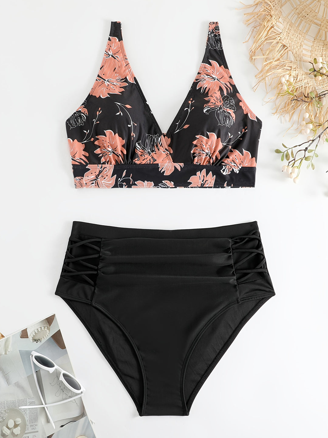 Damen Hochgeschnittener Bikini mit floralen Akzenten und raffinierten Details EB