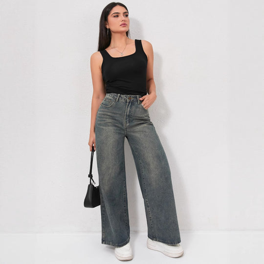 Damen Weite Jeans mit hohem Bund und eleganter Beinform EB