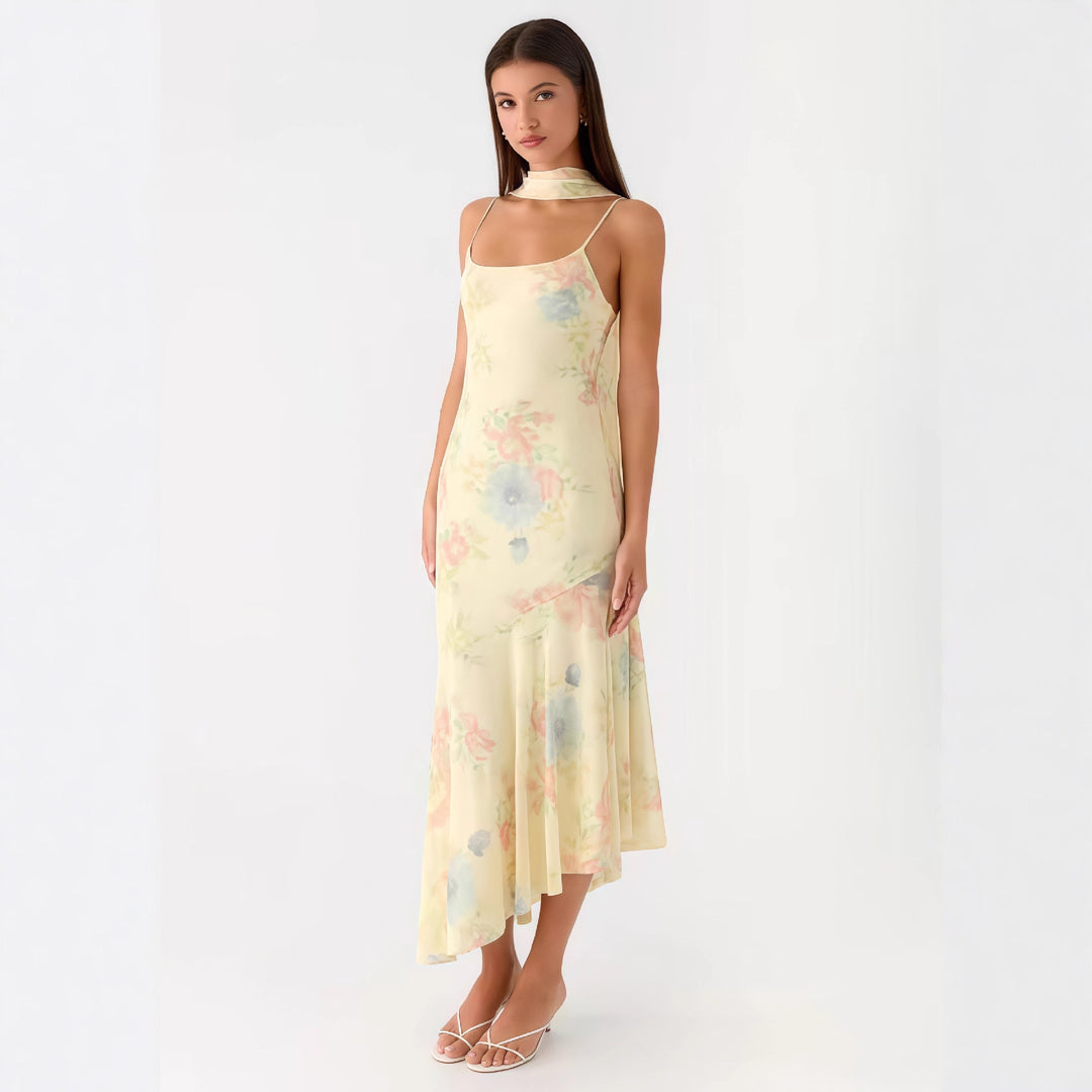 Damen Elegantes Maxikleid mit blumigem Chiffon-Design und Neckholder-Ausschnitt EB