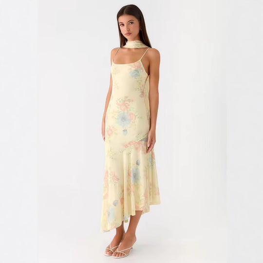Damen Elegantes Maxikleid mit blumigem Chiffon-Design und Neckholder-Ausschnitt EB