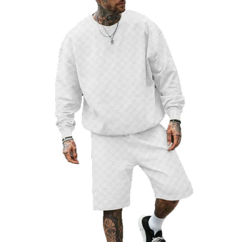 Herren nan oversized Waffelstrick-Lounge-Set mit Crewneck-Sweatshirt und knielangen Bermuda-Shorts EB