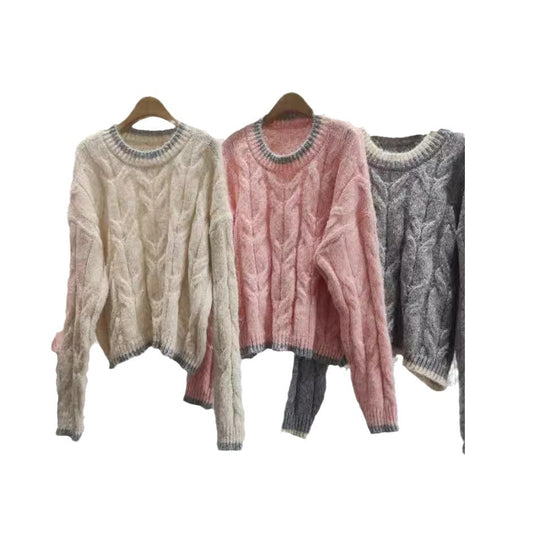 Damen Grob gestrickter Pullover mit Zopfmuster und Rundhalsausschnitt EB