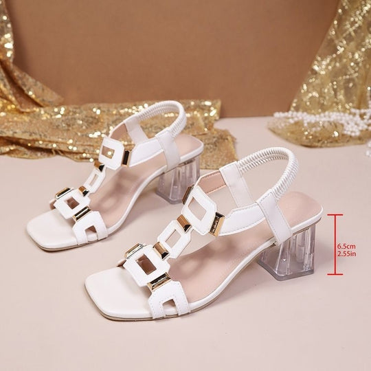 Damen elegante Sandalen mit transparentem Blockabsatz und kunstvollen Riemen EB