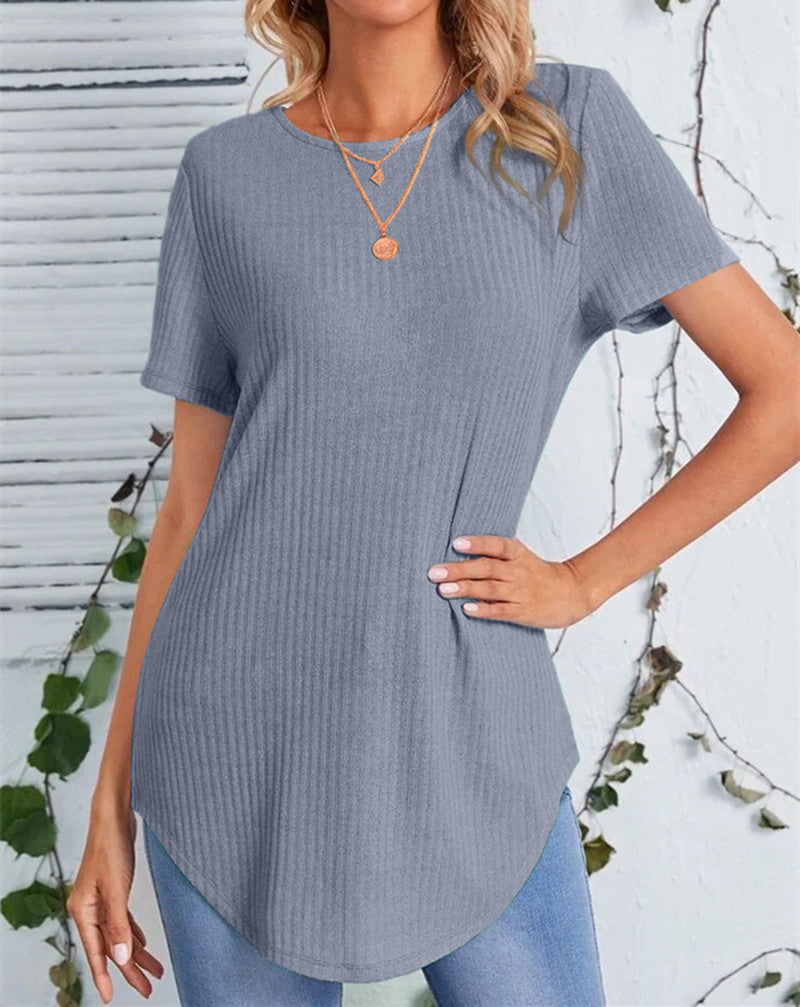 Damen lässiges Strickoberteil mit verlängertem Schnitt und Rundhalsausschnitt EB