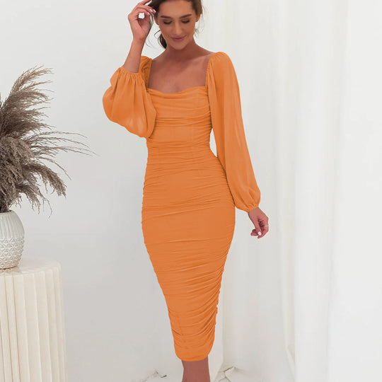 Damen Figuroptimiertes Kleid mit Puffärmeln und Raffungen EB