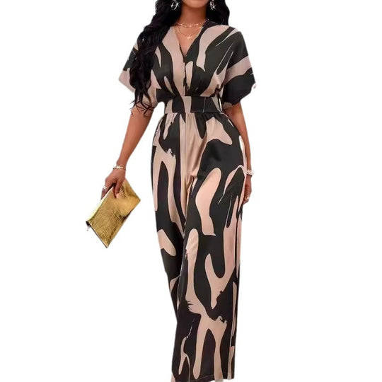 Damen Eleganter Jumpsuit mit großflächigem Muster und V-Ausschnitt EB