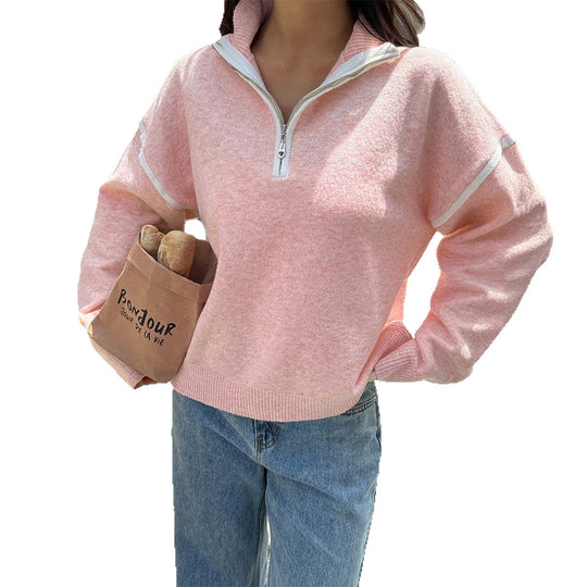 Damen nan oversized Strickpullover mit halbem Reißverschluss, Kontrastpaspeln und überschnittener Schulter EB