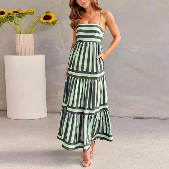 Damen Maxikleid mit Streifenmuster und fließendem Rock EB