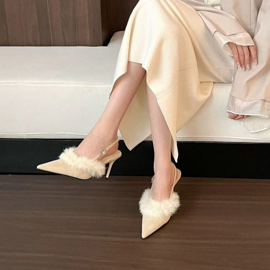 Damen Slingback-Pumps mit luxuriösem Fellbesatz und elegantem spitzem Design EB