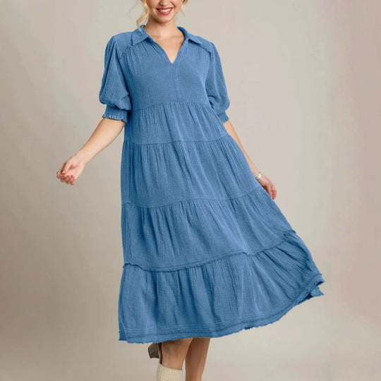 Damen lässiges Maxikleid mit V-Ausschnitt und volumetrischen Ärmeln EB