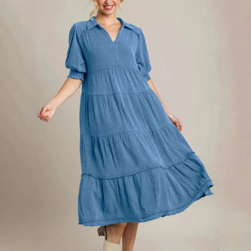Damen lässiges Maxikleid mit V-Ausschnitt und volumetrischen Ärmeln EB