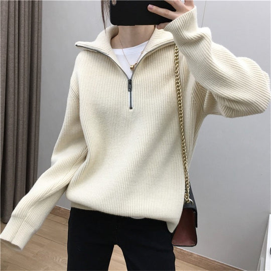 Damen Leichter Strickpullover mit hohem Kragen und Reißverschluss EB