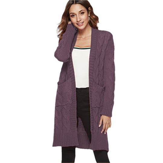 Damen Strickmantel mit großen Taschen und eleganten Zopfmustern EB