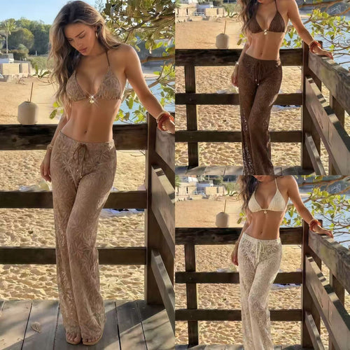 Damen Netz-Bikini-Set mit elegantem Oberteil und transparenten Palazzohosen EB