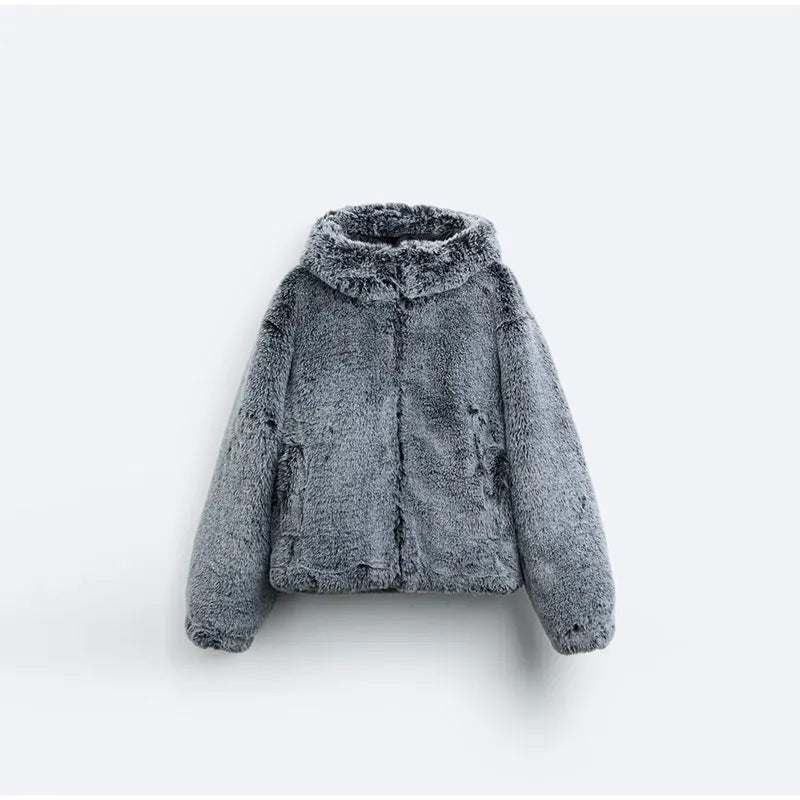 Damen Flauschige Teddyjacke mit hohem Kragen und praktischen Taschen EB