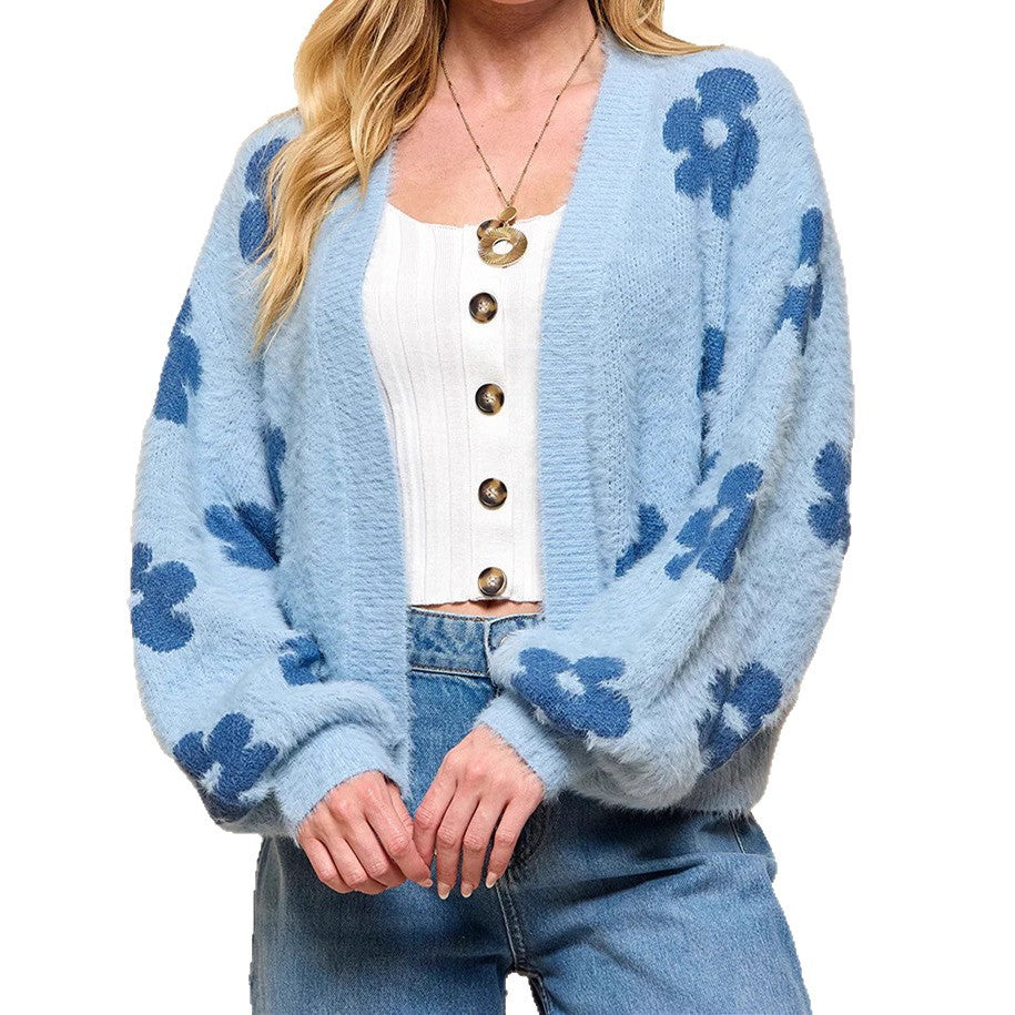 Damen Flauschiger Cardigan mit Blumenmuster EB