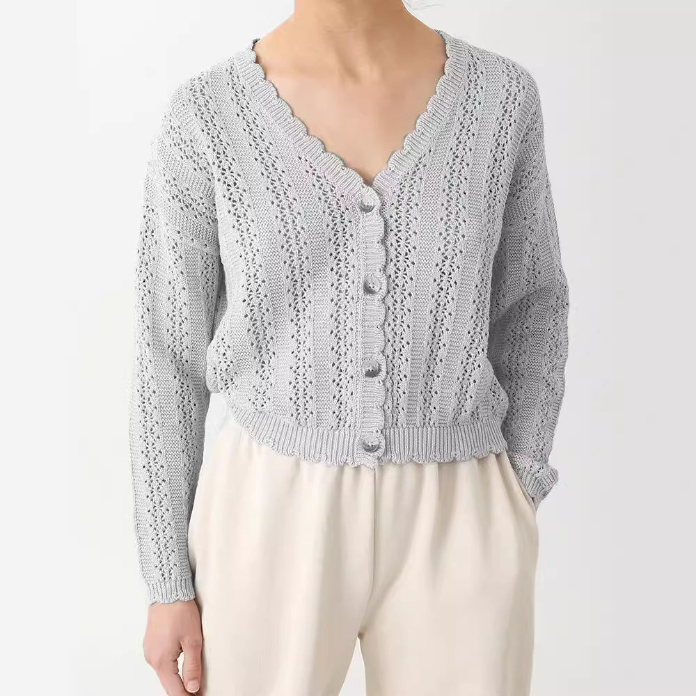 Damen Strickcardigan mit femininer Rüsche und Knopfdetails EB
