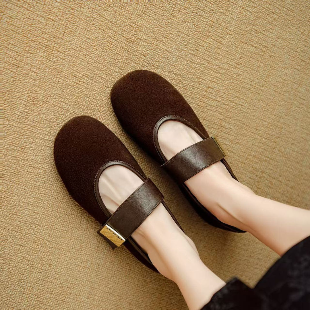 Damen Mary Jane Ballerinas mit modischem Riemchen und hochwertigem Veloursleder EB