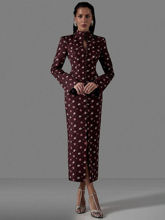 Damen Elegantes Langarmkleid mit floralem Muster und hochgeschlossenem Kragen EB