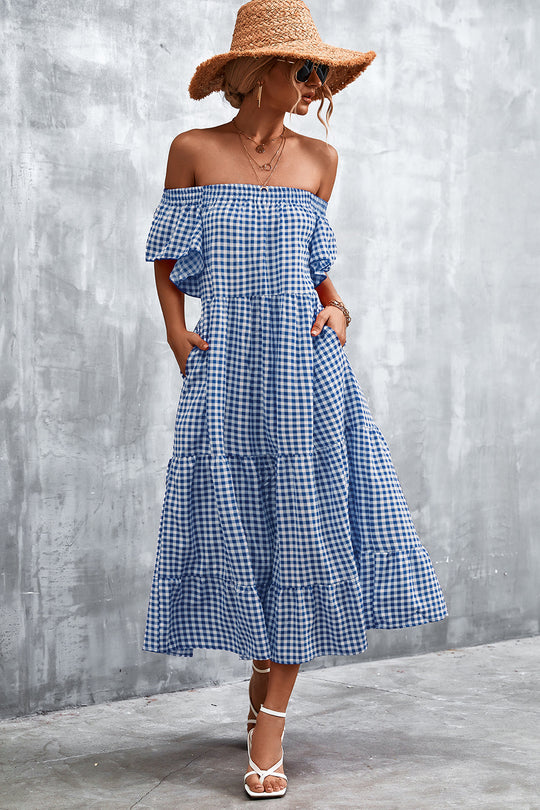 Damen Fließendes Maxikleid mit off-shoulder Design und Rüschensaum EB