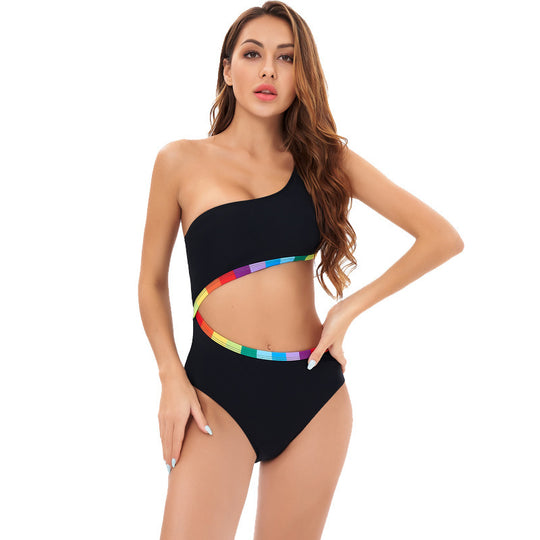 Damen Einseitiger Triangel-Bikini mit buntem Akzentband EB