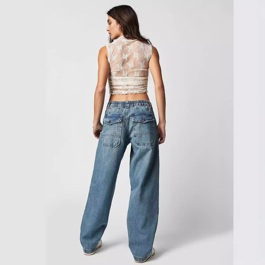 Damen nan weite High-Waist Baggy-Jeans mit tiefem Schritt, Five-Pocket Design und extra-langen Beinen EB