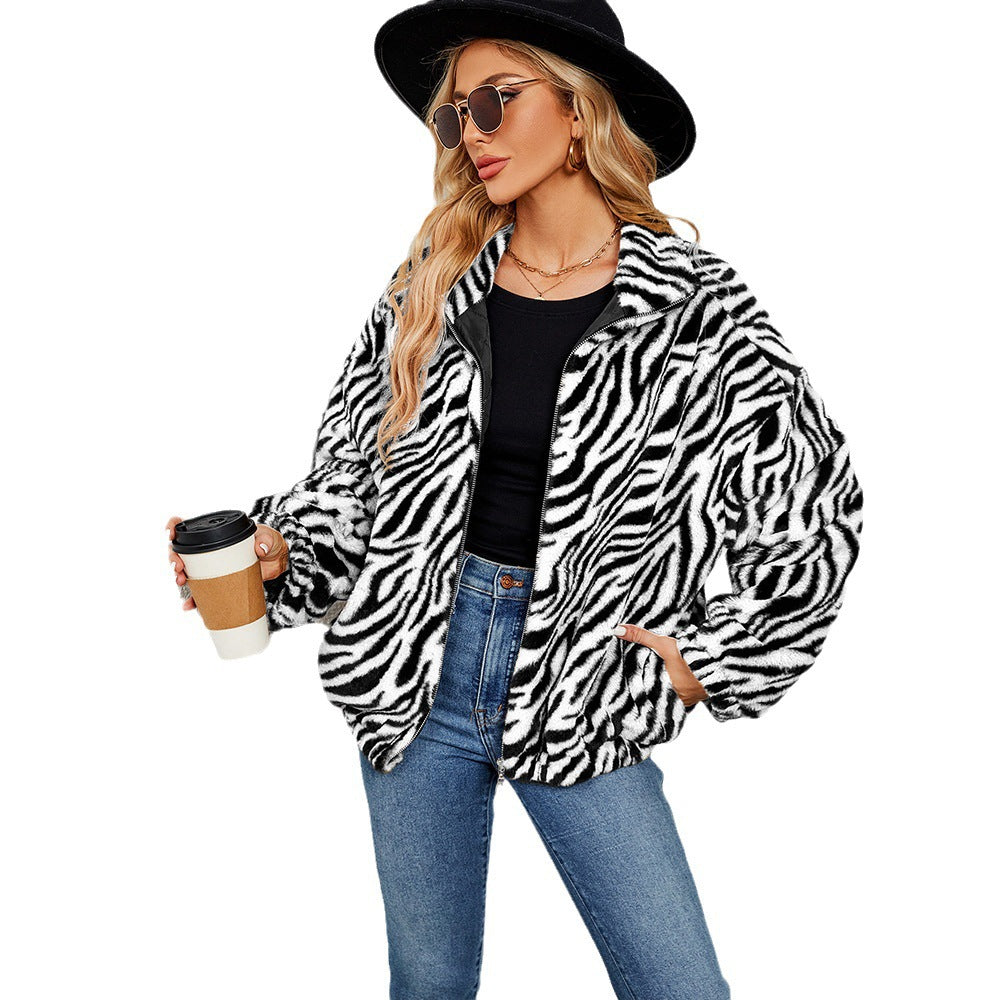 Damen Kuschelige Fleecejacke im Zebradesign EB