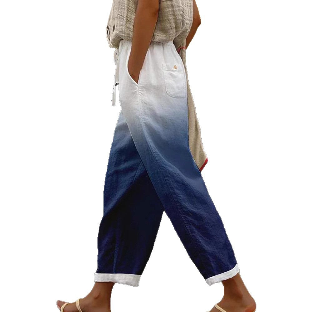 Damen Weite Leinenhose mit handgewebtem Muster EB