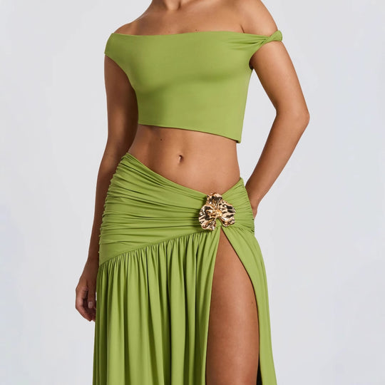 Damen Off-Shoulder Maxirock mit figurbetontem Crop-Top und verspieltem Detail EB