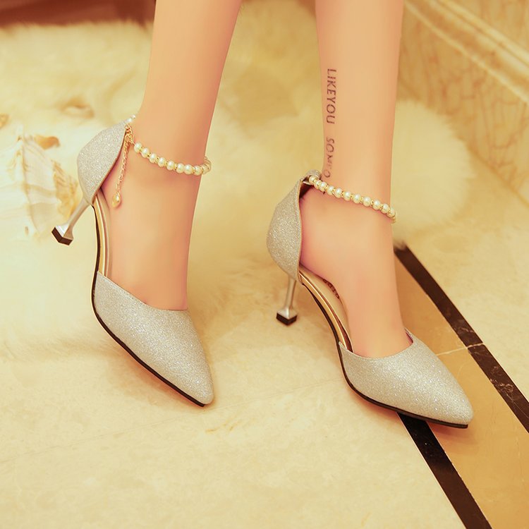 Damen elegante High Heel Schuhe mit zierlichem Perlenriemen EB