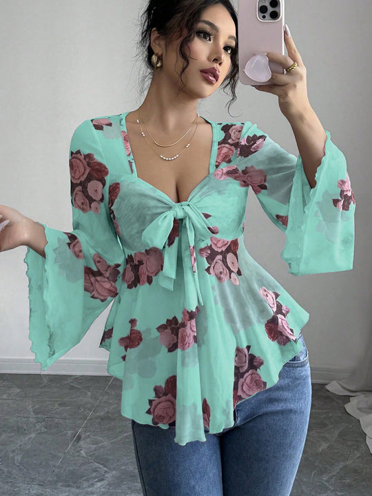Damen luftige Bluse mit Blumenmuster EB