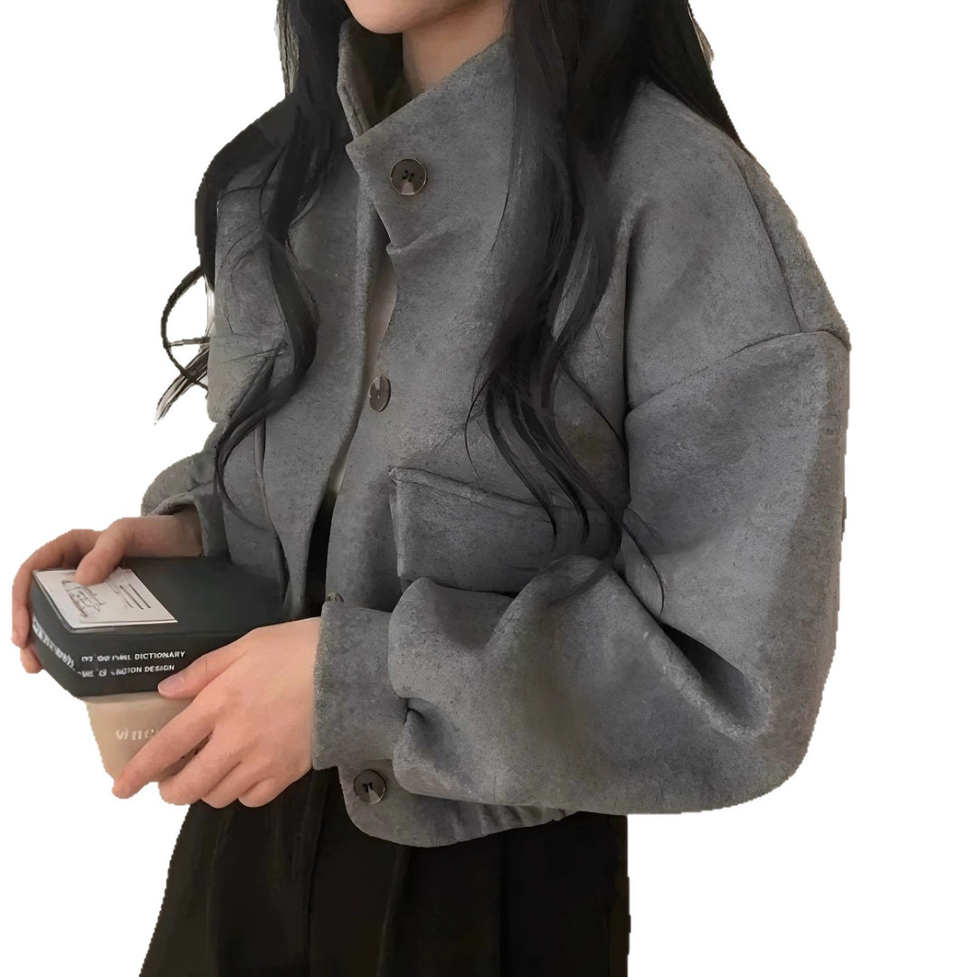 Damen Kurze Oversize-Wolloptik-Jacke mit Stehkragen und Ballonärmeln EB