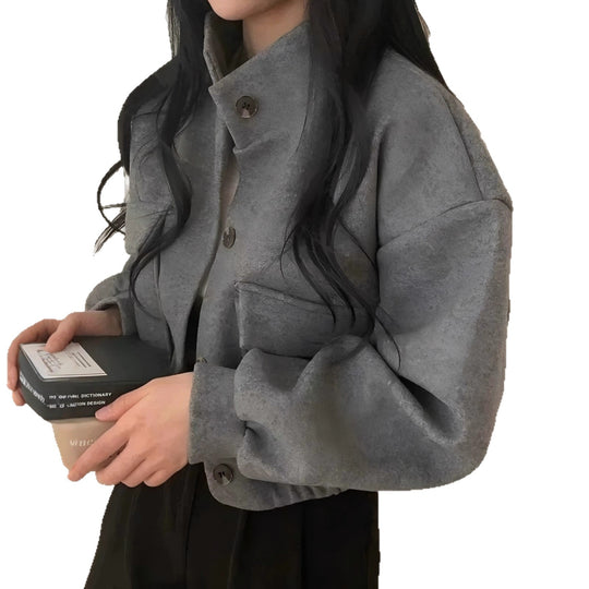 Damen Kurze Oversize-Wolloptik-Jacke mit Stehkragen und Ballonärmeln EB
