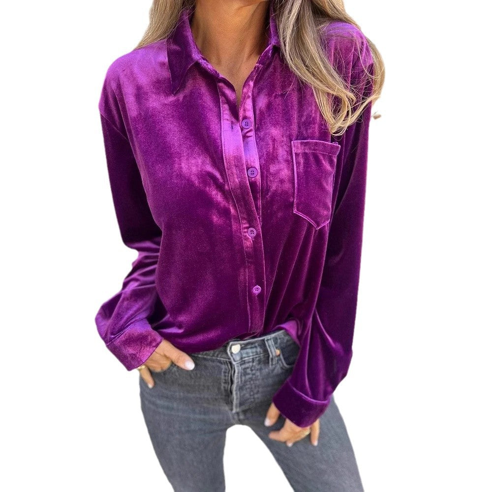 Damen Elegante Samtbluse mit klassischem Hemdkragen und langen Ärmeln EB